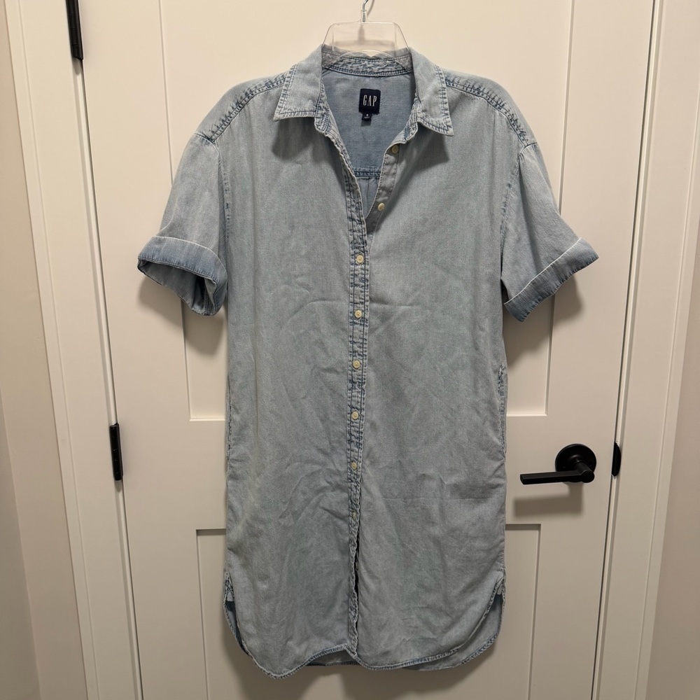 Gap Small Blue Chambray Denim Short Sleeve Button Down Dress Rolled Sleeve